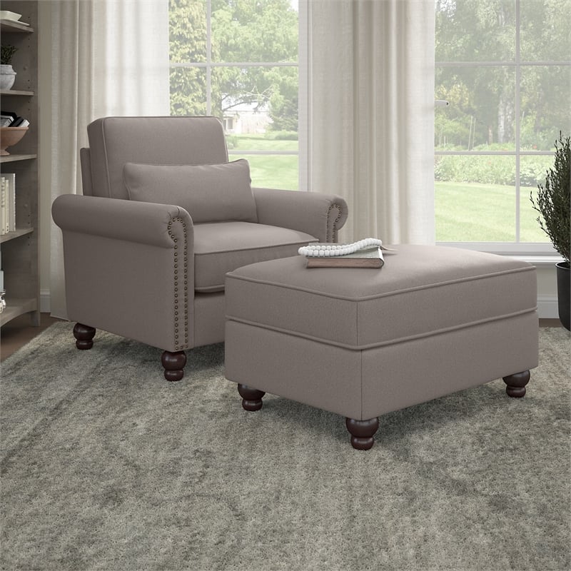 Pemberly Row Classic Accent Chair With Storage Ottoman in Beige Herringbone