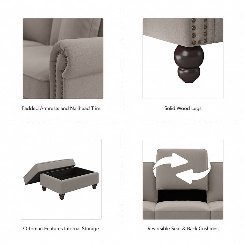 Pemberly Row Classic Accent Chair With Storage Ottoman in Beige Herringbone