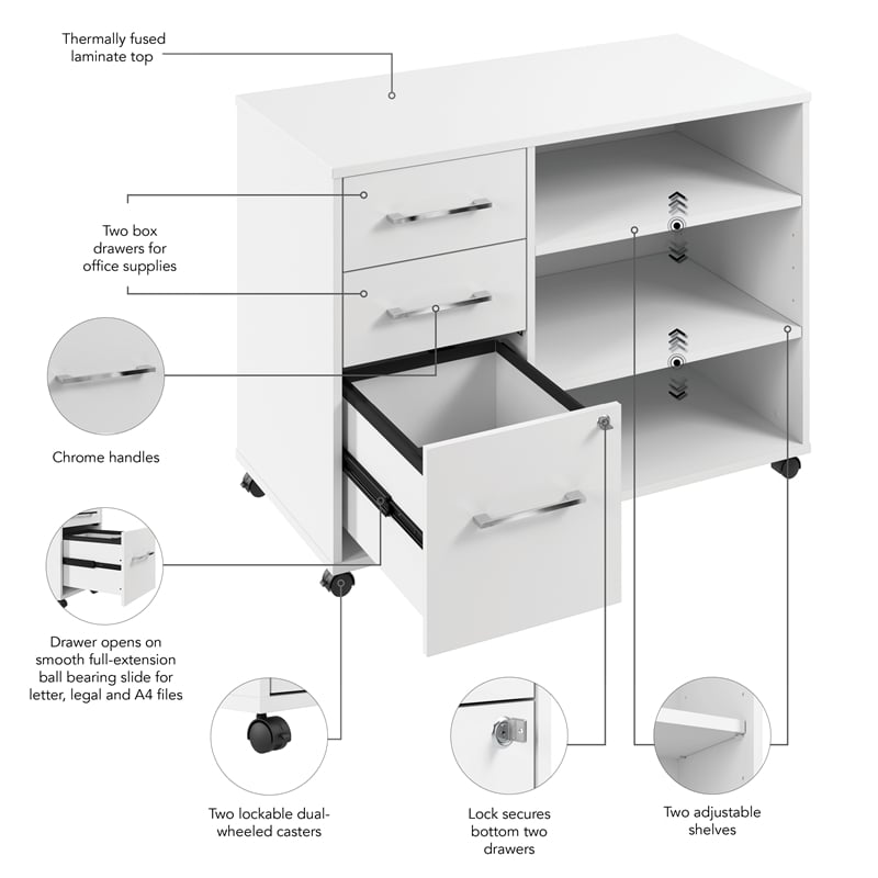 Pemberly Row Rolling Storage Cabinet With Locking Drawers and Shelves in White