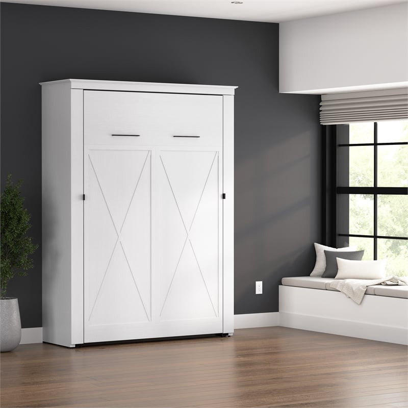 Pemberly Row 63W Full Murphy Bed With Farmhouse X Pattern Accents in White