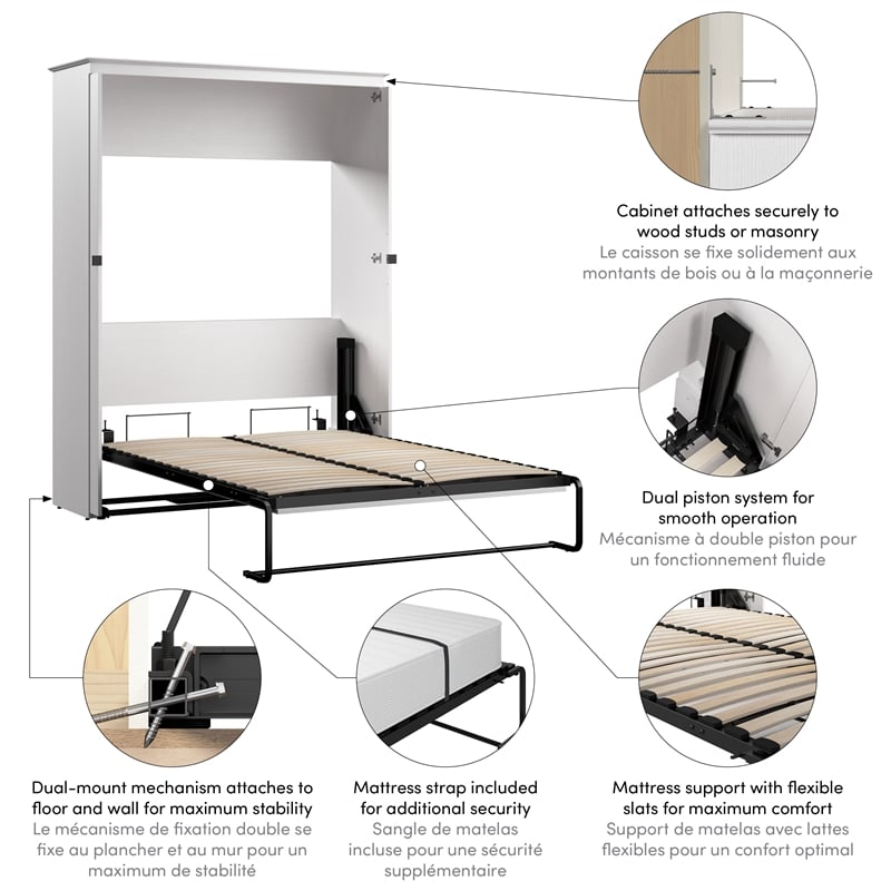 Pemberly Row 63W Full Murphy Bed With Farmhouse X Pattern Accents in White