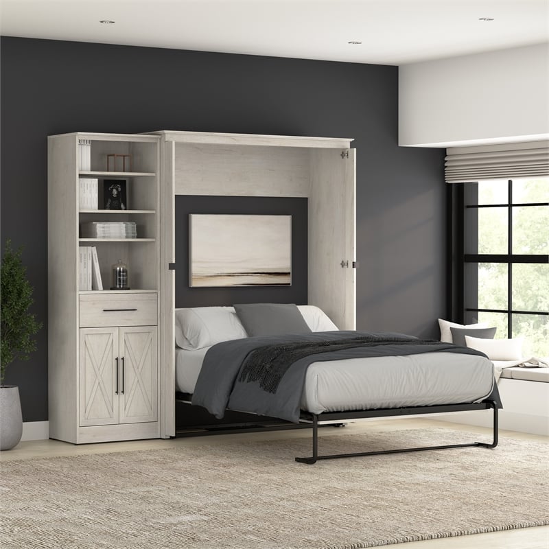 Pemberly Row 88W Full Murphy Bed With Wardrobe Closet Organizer in White