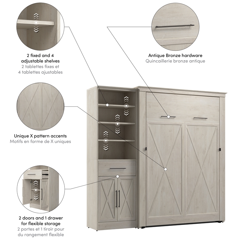 Pemberly Row 88W Full Murphy Bed With Wardrobe Closet Organizer in White