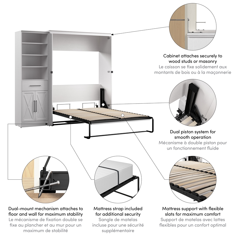 Pemberly Row 88W Full Murphy Bed With Wardrobe Organizer and Farmhouse Design