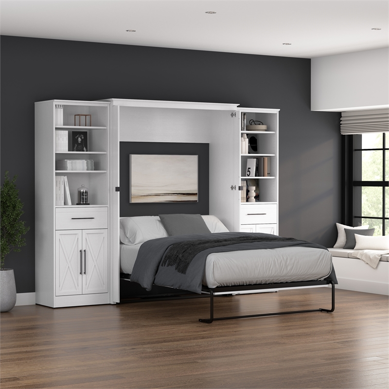 Pemberly Row 113W Full Murphy Bed With 2 Wardrobe Closet Organizers in White