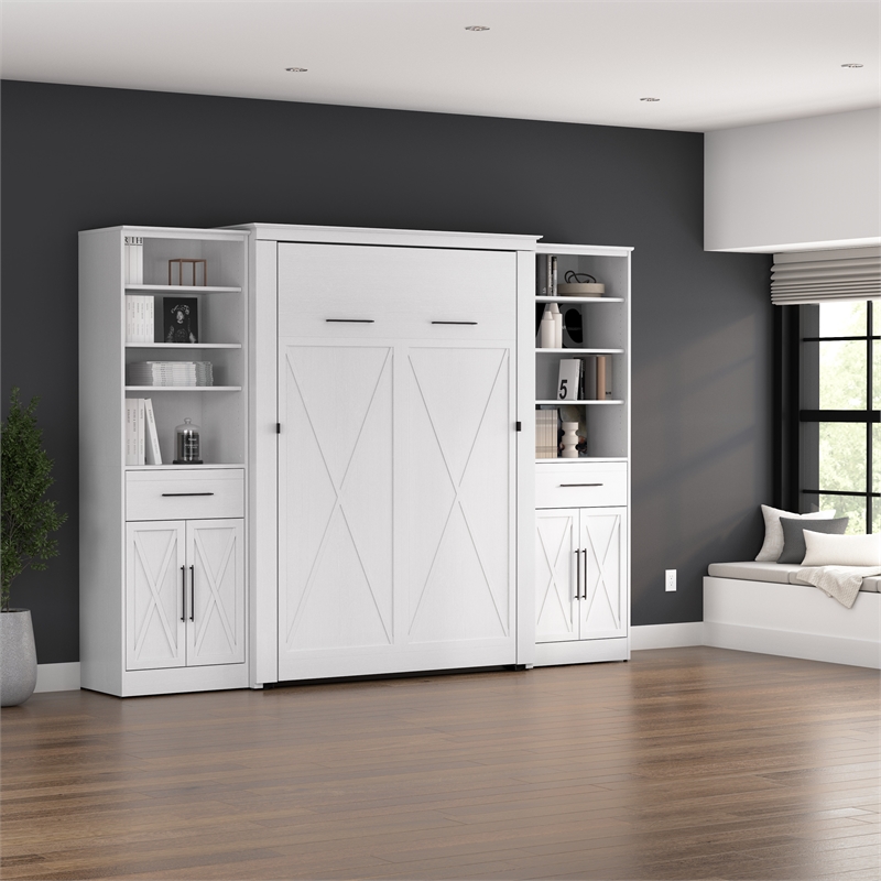 Pemberly Row 113W Full Murphy Bed With 2 Wardrobe Closet Organizers in White