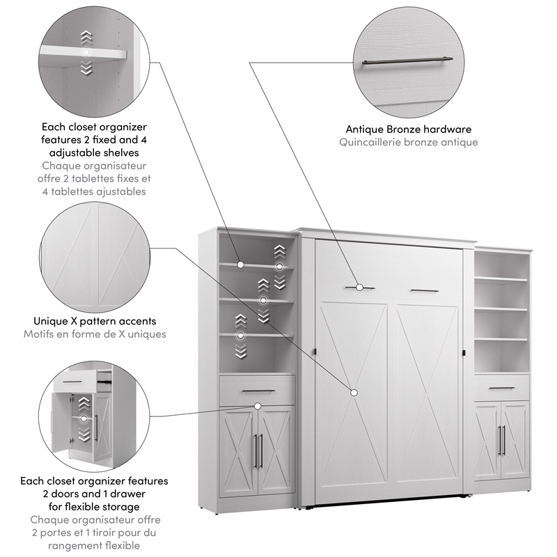 Pemberly Row 113W Full Murphy Bed With 2 Wardrobe Closet Organizers in White