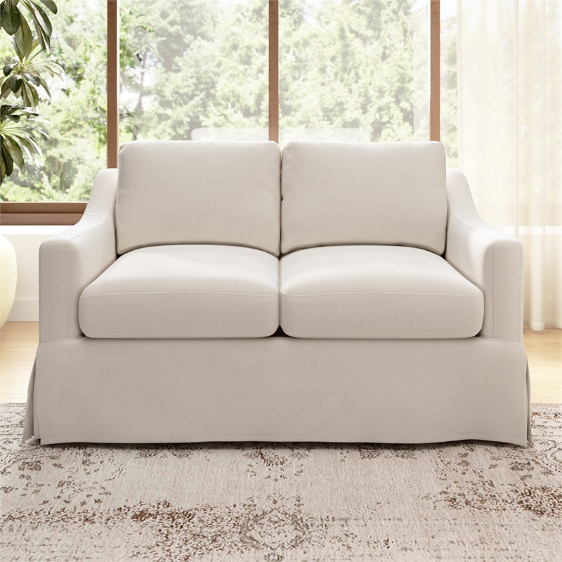 Pemberly Row 57W Loveseat With Removable Slipcover in Ivory Basketweave Fabric