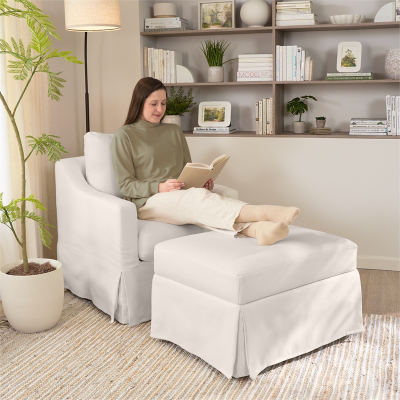 Pemberly Row 360 Degree Swivel Accent Chair With Slipcover in Ivory Basketweave