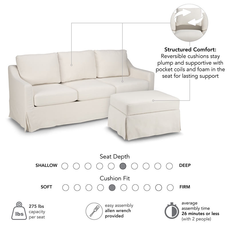 Pemberly Row 80W Sofa and Storage Ottoman With Removable Slipcovers in Ivory