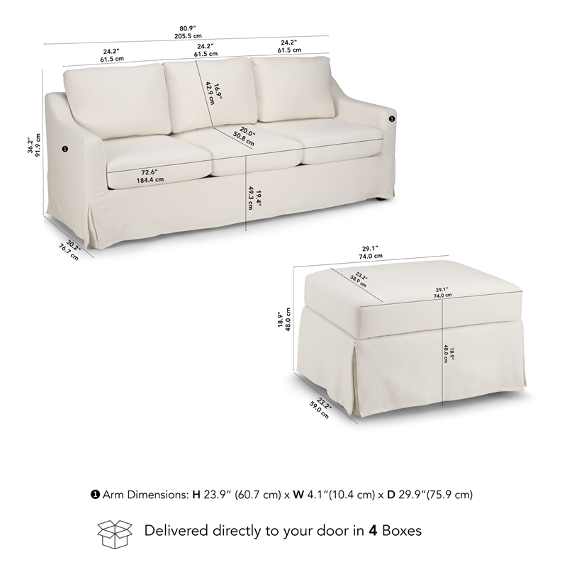Pemberly Row 80W Sofa and Storage Ottoman With Removable Slipcovers in Ivory