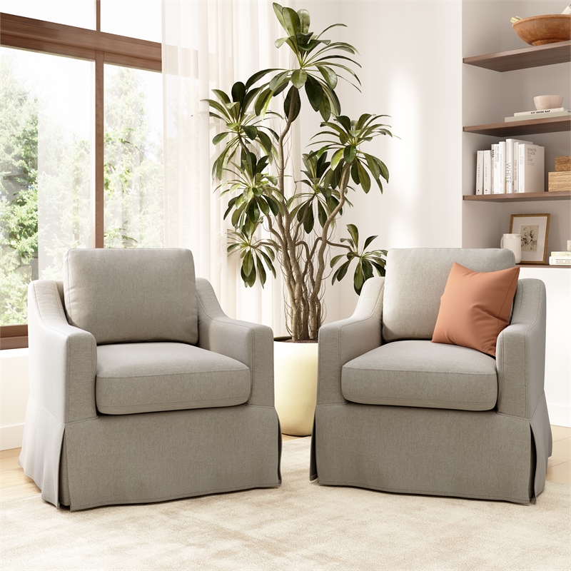Pemberly Row 360 Degree Swivel Accent Chairs With Slipcovers Set of 2 in Sand
