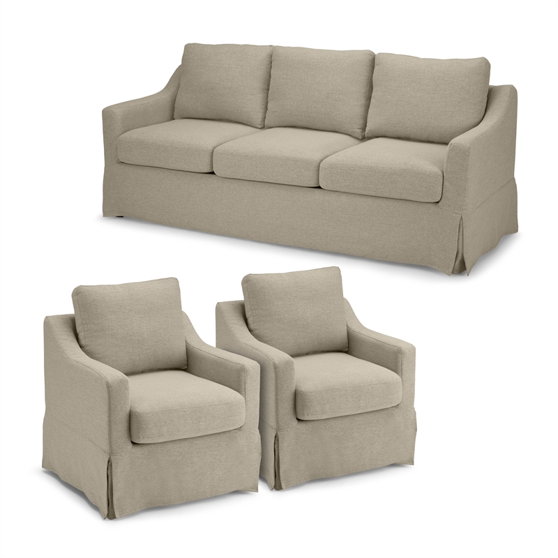 Pemberly Row 80W Sofa & 2 Swivel Accent Chairs With Removable Slipcovers in Sand