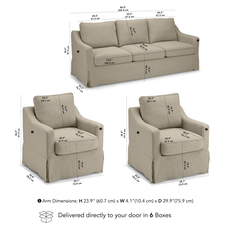 Pemberly Row 80W Sofa & 2 Swivel Accent Chairs With Removable Slipcovers in Sand