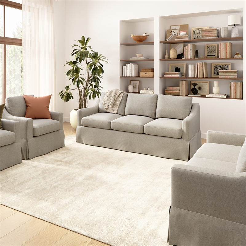 Pemberly Row 80W Sofa & 2 Swivel Accent Chairs With Removable Slipcovers in Sand