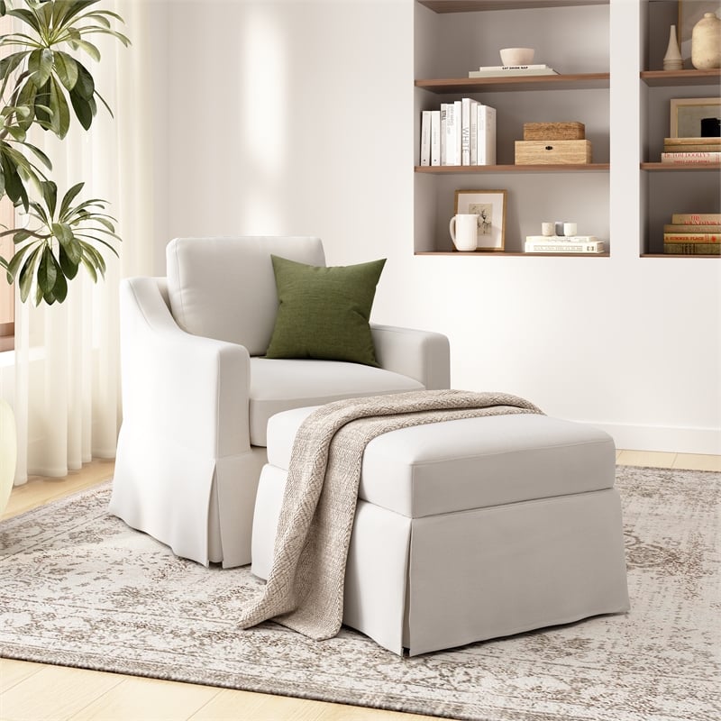 Pemberly Row Swivel Accent Chair and Storage Ottoman With Slipcovers in Ivory