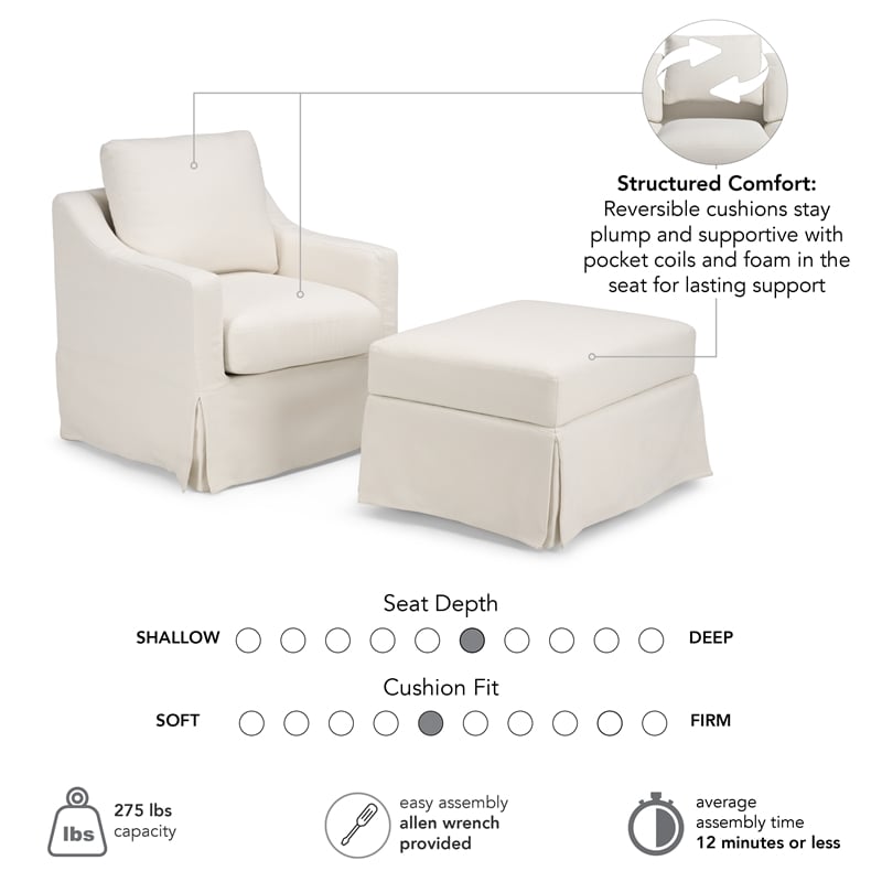 Pemberly Row Swivel Accent Chair and Storage Ottoman With Slipcovers in Ivory