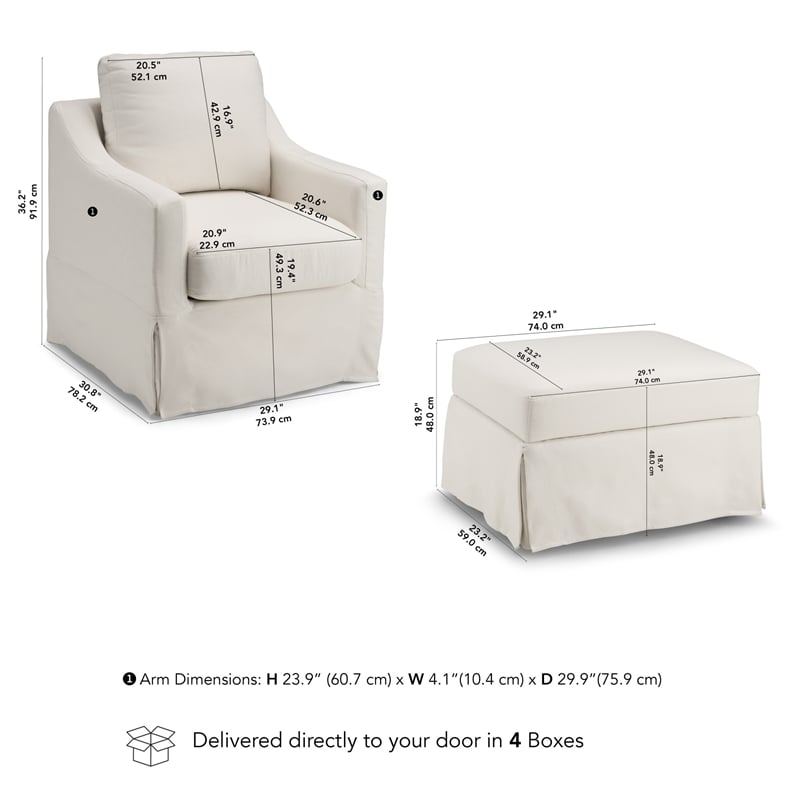 Pemberly Row Swivel Accent Chair and Storage Ottoman With Slipcovers in Ivory