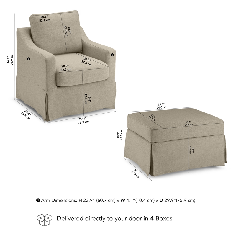 Pemberly Row Swivel Accent Chair and Storage Ottoman With Slipcovers in Sand