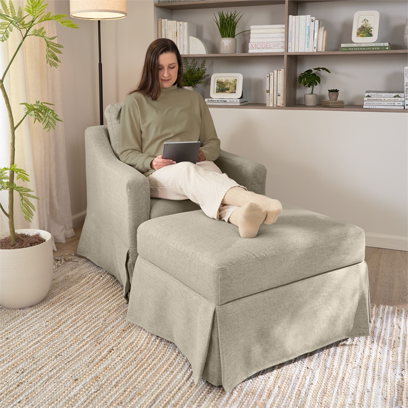 Pemberly Row 360 Degree Swivel Accent Chair With Slipcover in Sand Basketweave