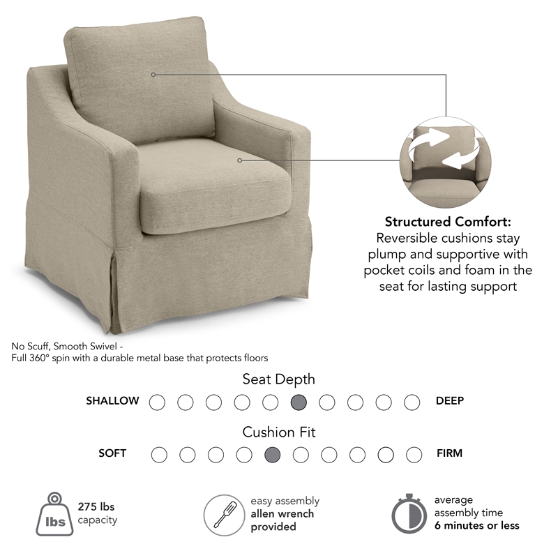 Pemberly Row 360 Degree Swivel Accent Chair With Slipcover in Sand Basketweave