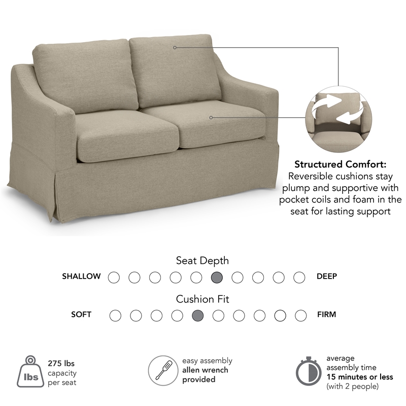 Pemberly Row 57W Loveseat With Removable Slipcover in Sand Basketweave Fabric