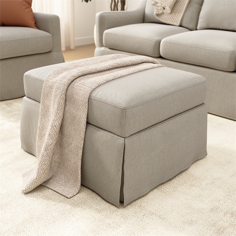Pemberly Row Storage Ottoman With Built-in Tray & Slipcover in Sand Basketweave