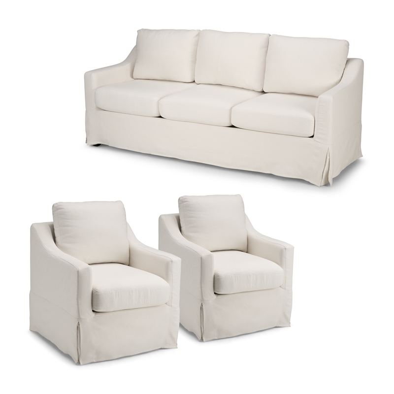 Pemberly Row 80W Sofa & 2 Swivel Accent Chairs With Removable Slipcovers - Ivory