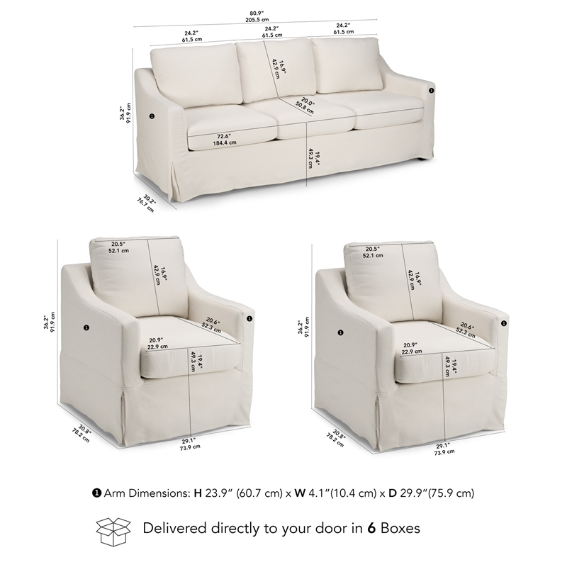 Pemberly Row 80W Sofa & 2 Swivel Accent Chairs With Removable Slipcovers - Ivory