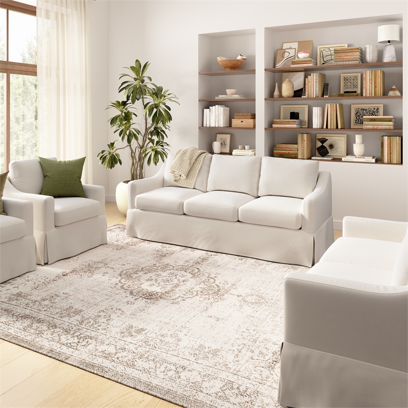 Pemberly Row 80W Sofa & 2 Swivel Accent Chairs With Removable Slipcovers - Ivory