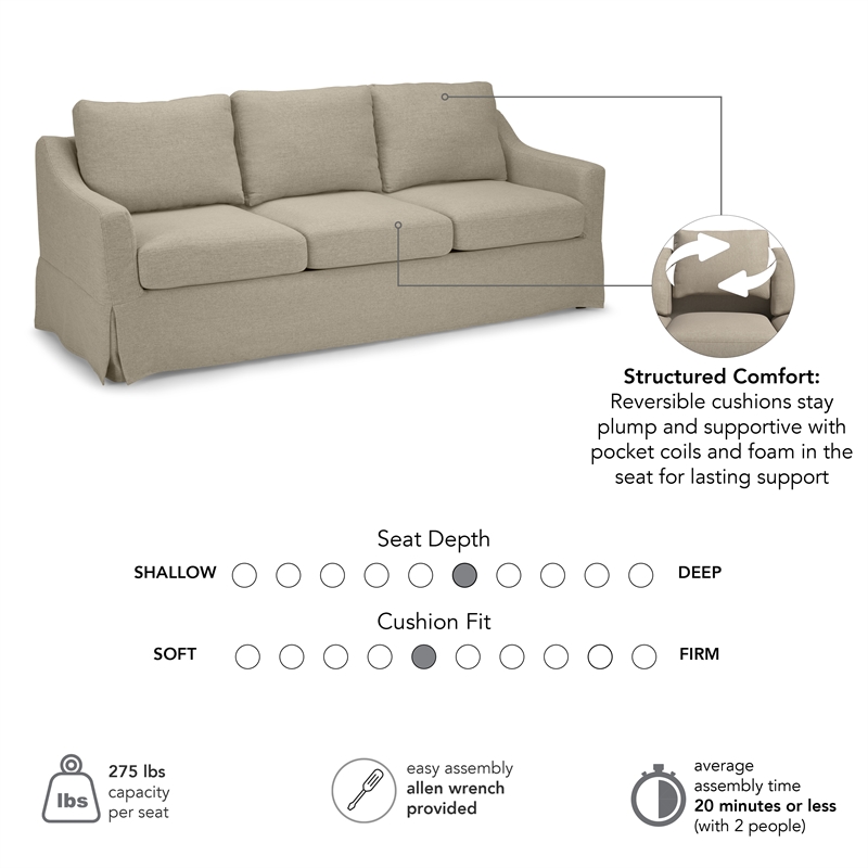 Pemberly Row 80W Sofa With Removable Slipcover in Sand Basketweave Fabric