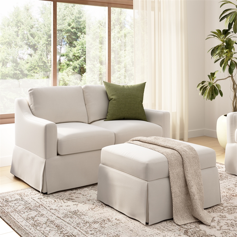 Pemberly Row 57W Loveseat & Storage Ottoman With Slipcovers in Ivory Basketweave