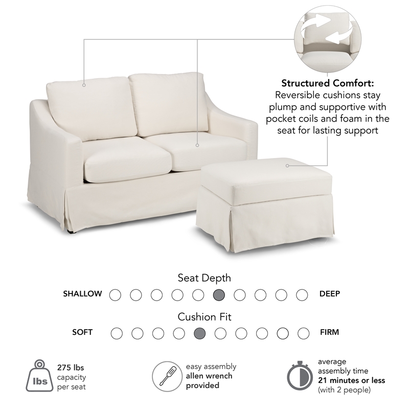 Pemberly Row 57W Loveseat & Storage Ottoman With Slipcovers in Ivory Basketweave