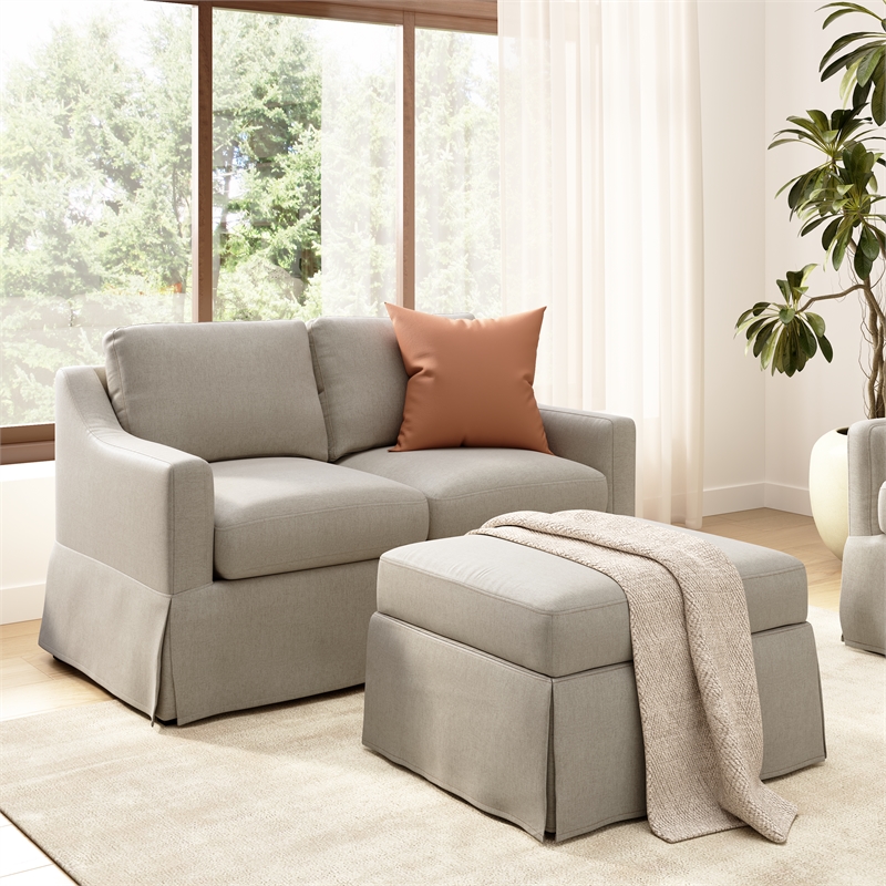 Pemberly Row 57W Loveseat & Storage Ottoman With Slipcovers in Sand Basketweave