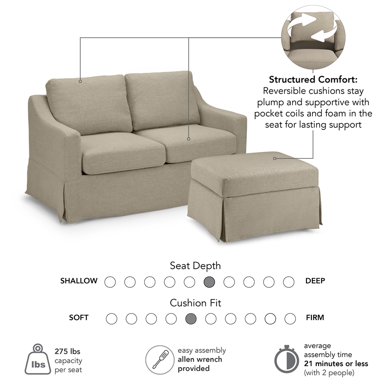 Pemberly Row 57W Loveseat & Storage Ottoman With Slipcovers in Sand Basketweave