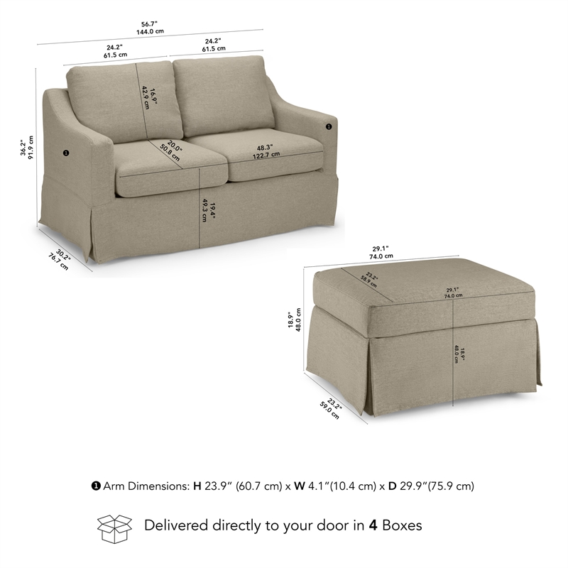 Pemberly Row 57W Loveseat & Storage Ottoman With Slipcovers in Sand Basketweave