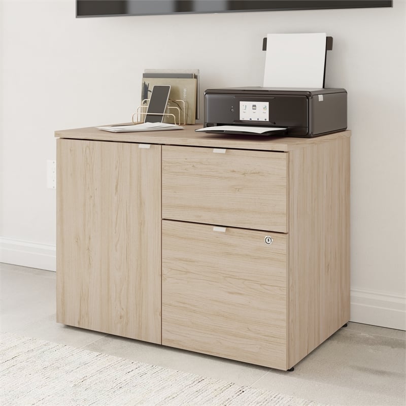 Pemberly Row 30W Office Storage Cabinet With Lockable Drawers in Natural Elm