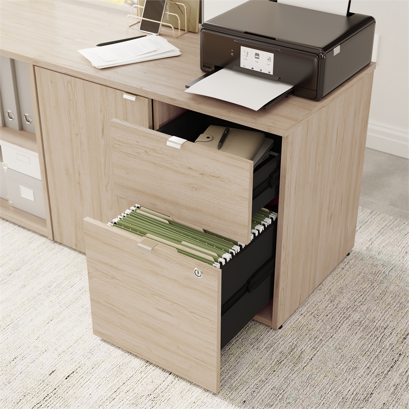 Pemberly Row 30W Office Storage Cabinet With Lockable Drawers in Natural Elm