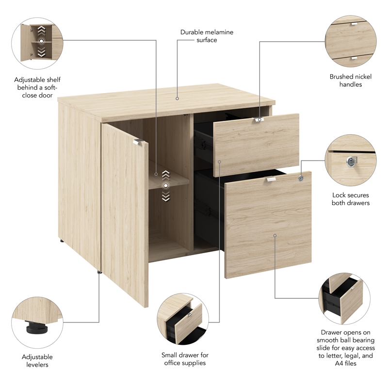 Pemberly Row 30W Office Storage Cabinet With Lockable Drawers in Natural Elm