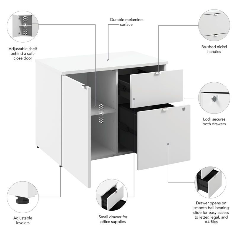 Pemberly Row 30W Office Storage Cabinet With Lockable Drawers in White