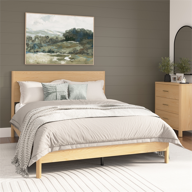 Pemberly Row Queen Platform Bed Frame With 42 in. Headboard in White Oak Veneer
