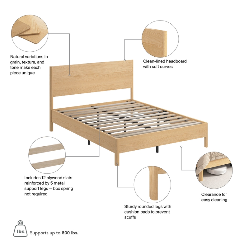 Pemberly Row Queen Platform Bed Frame With 42 in. Headboard in White Oak Veneer