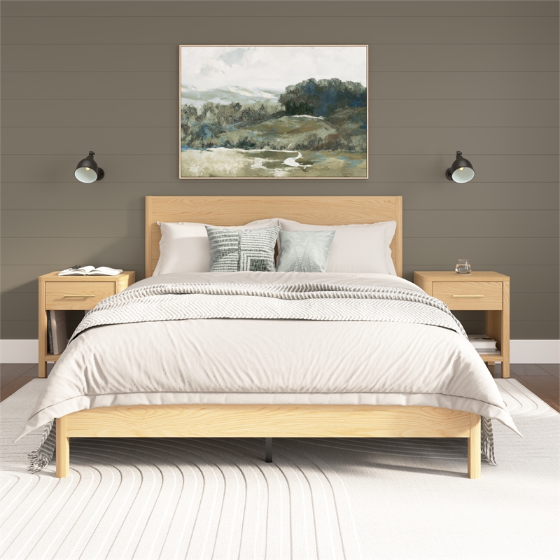Pemberly Row Queen Platform Bed and 2 Nightstands With Drawers in White Oak