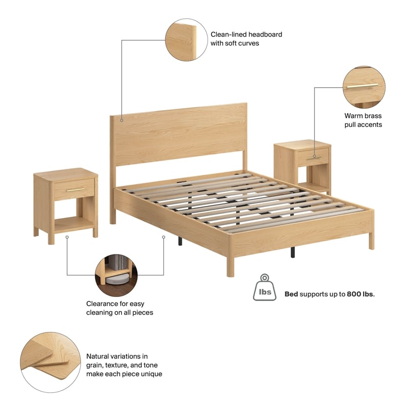 Pemberly Row Queen Platform Bed and 2 Nightstands With Drawers in White Oak