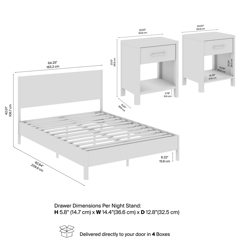 Pemberly Row Queen Platform Bed and 2 Nightstands With Drawers in White Oak