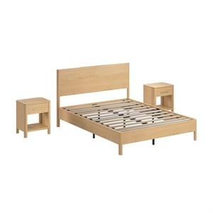 Pemberly Row Queen Platform Bed and 2 Nightstands With Drawers in White Oak