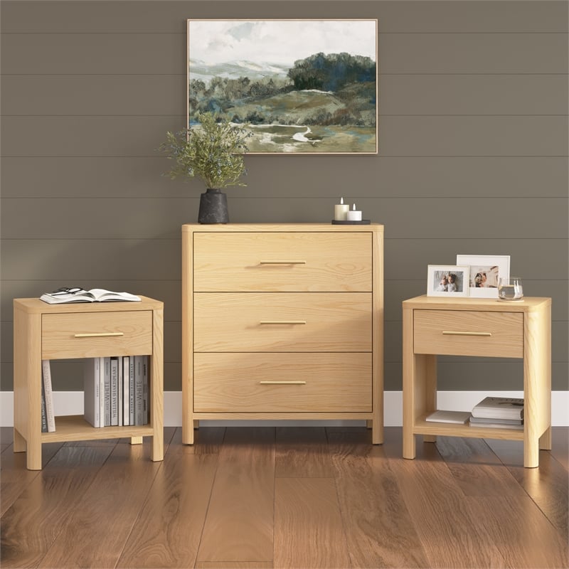Pemberly Row 3 Drawer Dresser and 2 Nightstands With Drawer in White Oak Veneer