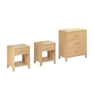 Pemberly Row 3 Drawer Dresser and 2 Nightstands With Drawer in White Oak Veneer