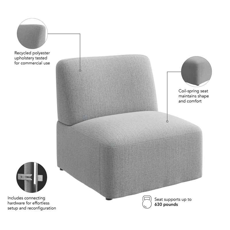 Pemberly Row Modular Armless Lounge Chair With Coil Spring Seat in Fog Fabric