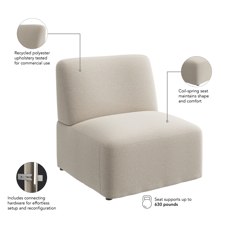 Pemberly Row Modular Armless Lounge Chair With Coil Spring Seat in Oat Fabric
